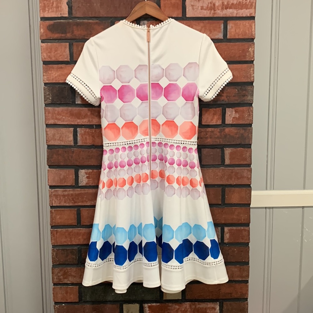 Ted Baker White Dress with Pink, Coral and Blue Hexagon Print - Picture 8 of 14
